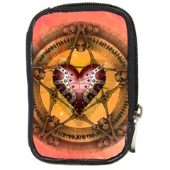 Awesome Heart On A Pentagram With Skulls Compact Camera Leather Case by FantasyWorld7