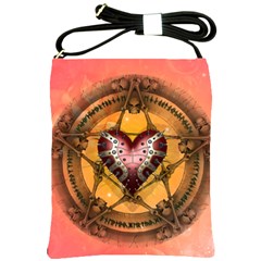 Awesome Heart On A Pentagram With Skulls Shoulder Sling Bag by FantasyWorld7