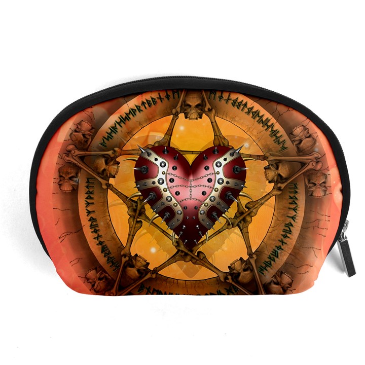 Awesome Heart On A Pentagram With Skulls Accessory Pouch (Large)