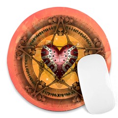 Awesome Heart On A Pentagram With Skulls Round Mousepads by FantasyWorld7