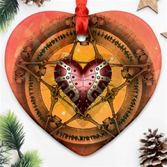 Awesome Heart On A Pentagram With Skulls Ornament (heart) by FantasyWorld7