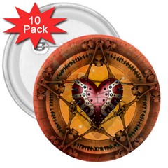 Awesome Heart On A Pentagram With Skulls 3  Buttons (10 Pack)  by FantasyWorld7