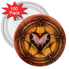 Awesome Heart On A Pentagram With Skulls 3  Buttons (100 Pack)  by FantasyWorld7