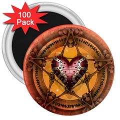 Awesome Heart On A Pentagram With Skulls 3  Magnets (100 Pack) by FantasyWorld7