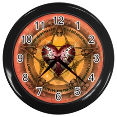 Awesome Heart On A Pentagram With Skulls Wall Clock (black) by FantasyWorld7