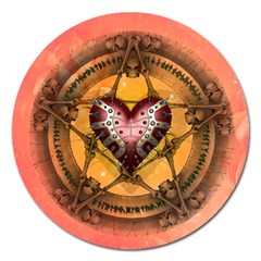 Awesome Heart On A Pentagram With Skulls Magnet 5  (round) by FantasyWorld7