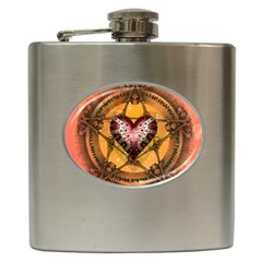 Awesome Heart On A Pentagram With Skulls Hip Flask (6 Oz) by FantasyWorld7