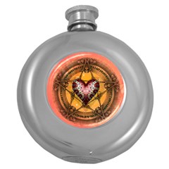 Awesome Heart On A Pentagram With Skulls Round Hip Flask (5 Oz) by FantasyWorld7