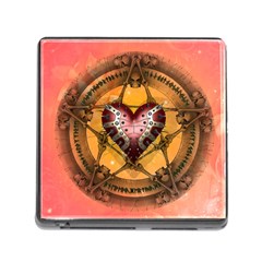 Awesome Heart On A Pentagram With Skulls Memory Card Reader (square 5 Slot)