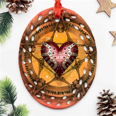 Awesome Heart On A Pentagram With Skulls Ornament (oval Filigree) by FantasyWorld7