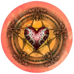 Awesome Heart On A Pentagram With Skulls Wooden Bottle Opener (round) by FantasyWorld7