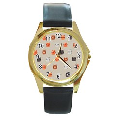 Cat Faces Pattern Round Gold Metal Watch