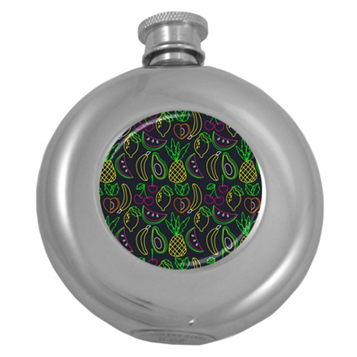 Neon Fruit Seamless Pattern Round Hip Flask (5 oz)