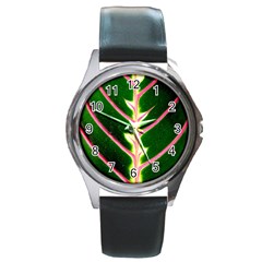 Exotic Green Leaf Round Metal Watch by Vaneshart