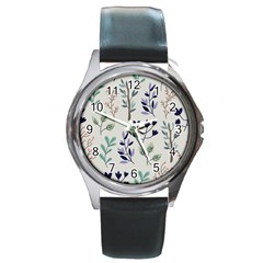 Dark Tone Plant Pattern Round Metal Watch by Vaneshart