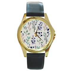 Dark Tone Plant Pattern Round Gold Metal Watch by Vaneshart