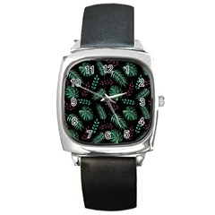 Tropical Leaves Pattern Square Metal Watch by Vaneshart