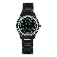 Tropical Leaves Pattern Stainless Steel Round Watch by Vaneshart