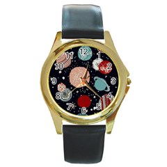 Space Galaxy Pattern Round Gold Metal Watch