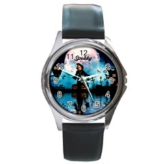 Funny Halloween Design With Skeleton, Pumpkin And Owl Round Metal Watch by FantasyWorld7