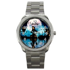 Funny Halloween Design With Skeleton, Pumpkin And Owl Sport Metal Watch by FantasyWorld7