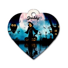 Funny Halloween Design With Skeleton, Pumpkin And Owl Dog Tag Heart (two Sides) by FantasyWorld7