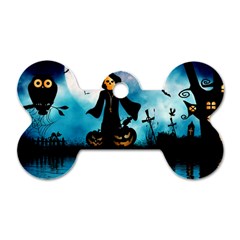 Funny Halloween Design With Skeleton, Pumpkin And Owl Dog Tag Bone (two Sides) by FantasyWorld7