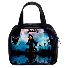 Funny Halloween Design With Skeleton, Pumpkin And Owl Classic Handbag (two Sides) by FantasyWorld7