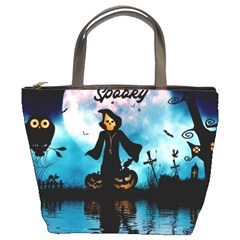 Funny Halloween Design With Skeleton, Pumpkin And Owl Bucket Bag by FantasyWorld7