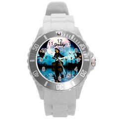 Funny Halloween Design With Skeleton, Pumpkin And Owl Round Plastic Sport Watch (l) by FantasyWorld7