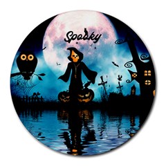 Funny Halloween Design With Skeleton, Pumpkin And Owl Round Mousepads by FantasyWorld7