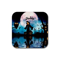 Funny Halloween Design With Skeleton, Pumpkin And Owl Rubber Coaster (square)  by FantasyWorld7