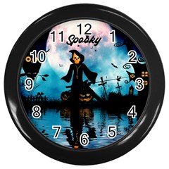 Funny Halloween Design With Skeleton, Pumpkin And Owl Wall Clock (black) by FantasyWorld7