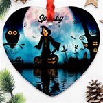 Funny Halloween Design With Skeleton, Pumpkin And Owl Heart Ornament (Two Sides) Front