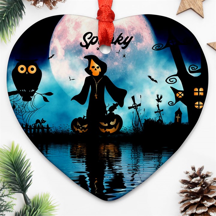 Funny Halloween Design With Skeleton, Pumpkin And Owl Heart Ornament (Two Sides)