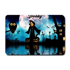 Funny Halloween Design With Skeleton, Pumpkin And Owl Small Doormat  by FantasyWorld7