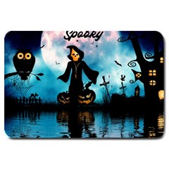 Funny Halloween Design With Skeleton, Pumpkin And Owl Large Doormat  by FantasyWorld7