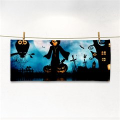 Funny Halloween Design With Skeleton, Pumpkin And Owl Hand Towel by FantasyWorld7