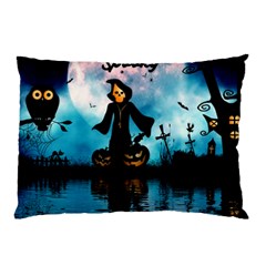 Funny Halloween Design With Skeleton, Pumpkin And Owl Pillow Case by FantasyWorld7