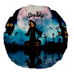 Funny Halloween Design With Skeleton, Pumpkin And Owl Large 18  Premium Round Cushions by FantasyWorld7