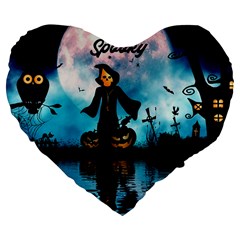 Funny Halloween Design With Skeleton, Pumpkin And Owl Large 19  Premium Flano Heart Shape Cushions by FantasyWorld7