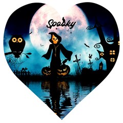 Funny Halloween Design With Skeleton, Pumpkin And Owl Wooden Puzzle Heart