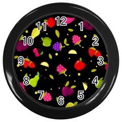 Vector Seamless Summer Fruits Pattern Colorful Cartoon Background Wall Clock (black) by Vaneshart