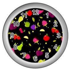 Vector Seamless Summer Fruits Pattern Colorful Cartoon Background Wall Clock (silver) by Vaneshart