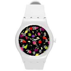 Vector Seamless Summer Fruits Pattern Colorful Cartoon Background Round Plastic Sport Watch (m) by Vaneshart