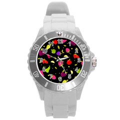 Vector Seamless Summer Fruits Pattern Colorful Cartoon Background Round Plastic Sport Watch (l) by Vaneshart