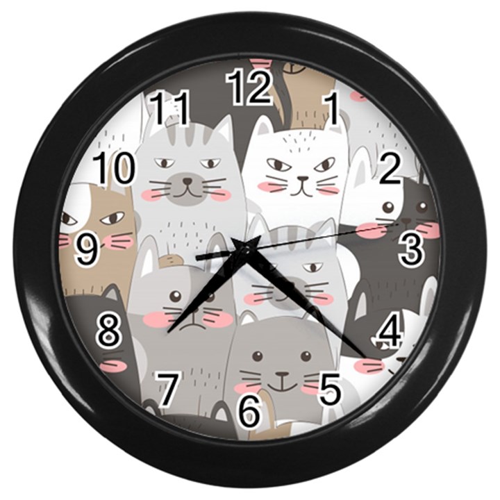 Hand Draw Cats Seamless Pattern Wall Clock (Black)