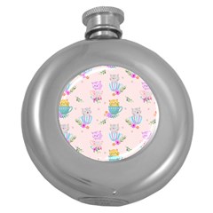 Cute Cat Coffee Cup Morning Times Seamless Pattern Round Hip Flask (5 Oz)