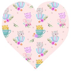 Cute Cat Coffee Cup Morning Times Seamless Pattern Wooden Puzzle Heart