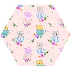 Cute Cat Coffee Cup Morning Times Seamless Pattern Wooden Puzzle Hexagon